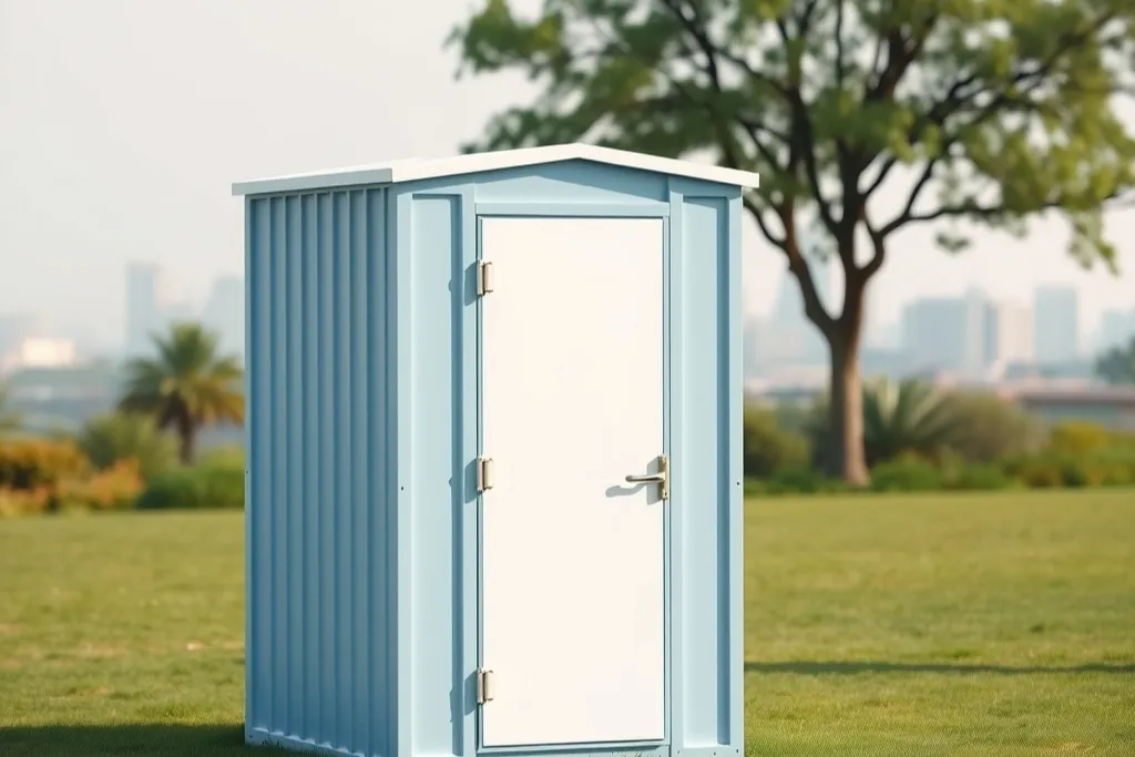 A single pale blue portable toilet cabin standing on open green grass in morning light.
